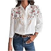 SHENHE Women's Floral Print Eyelet Shirts 3/4 Sleeve Button Down Dressy Blouse Tops