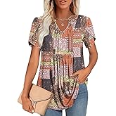 COFNEW Womens 2026 Summer Plus Size Tunic Tops V Neck Dressy Casual Blouse for Work Pleated Short Sleeve T-Shirts