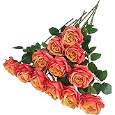 ATFL Fake Sunset Red Roses Artificial Flowers Bulk,Floral Diameter 4'',12 Pcs Artificial Silk Roses Flowers with Stems for Wedding Arrangement Centerpieces Party Home Table Decorations (Orange & red)