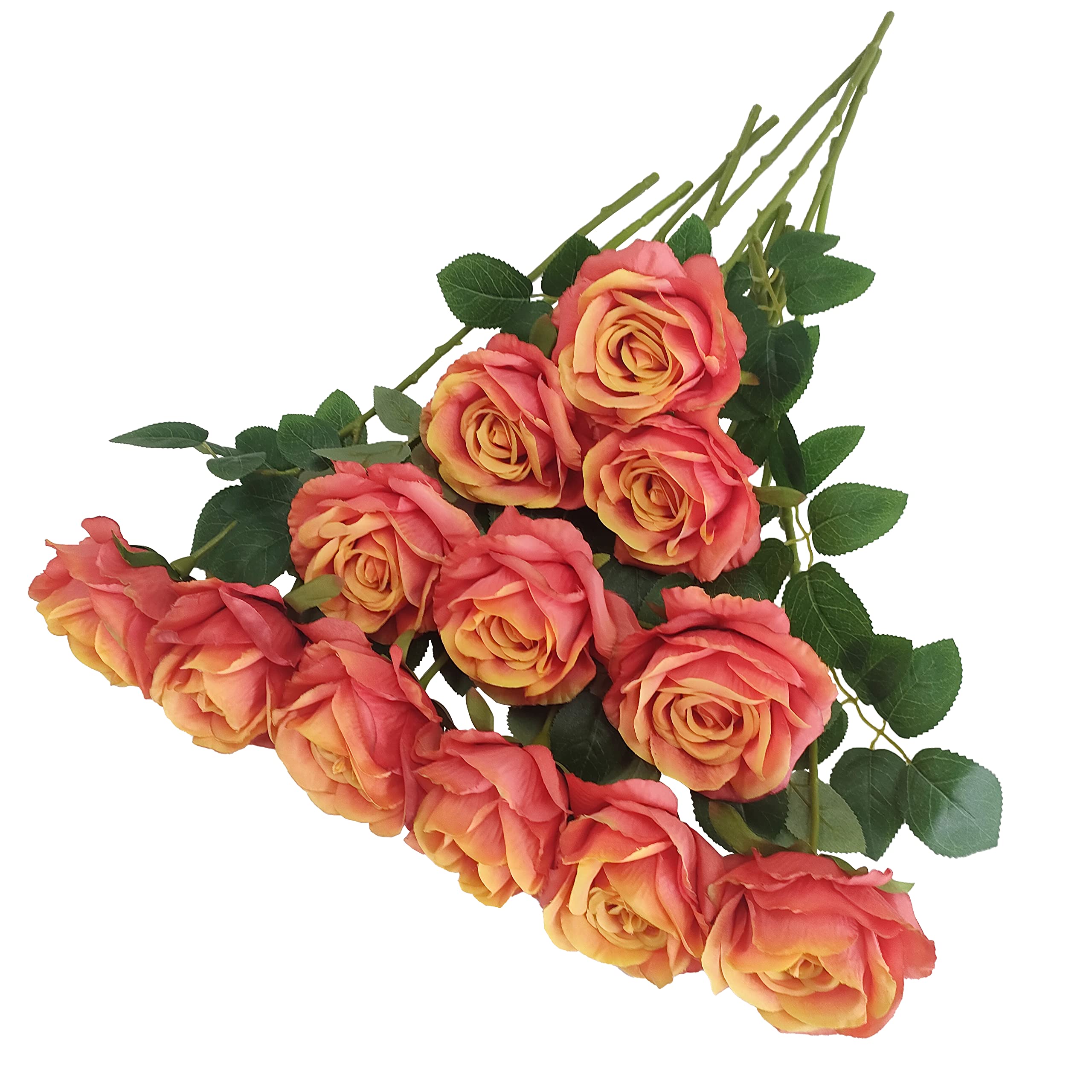 Photo 1 of ATFL Fake Sunset Red Roses Artificial Flowers Bulk,Floral Diameter 4'',12 Pcs Artificial Silk Roses Flowers with Stems for Wedding Arrangement Centerpieces Party Home Table Decorations (Orange & red)