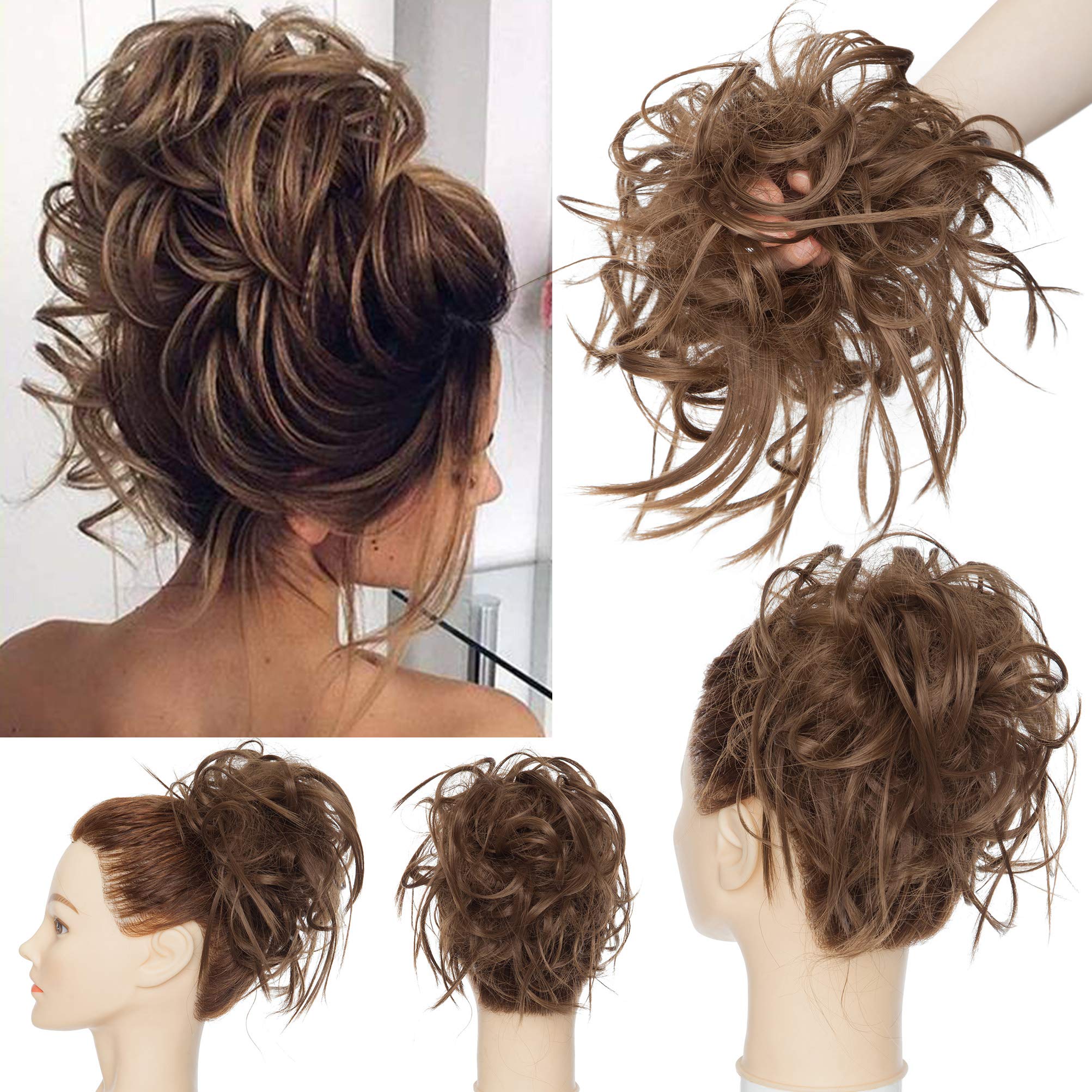 Tousled Updo Messy Bun Hair Piece Scrunchies Hair Synthetic Wavy Bun Extensions Fluffy Updo Scrunchy Chignon with Elastic Rubber Band Wrap on Donut Ponytail Hairpieces Golden Brown