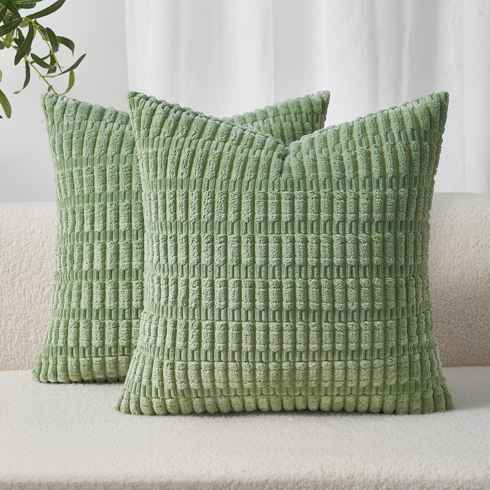 Topfinel Sage green Cushion Covers 40cm x 40cm,Corduroy Decorative Fluffy Pillows Cases,Cushions Cover 16x16 inches with Invisible Zipper for Sofa Bed Livingroom Bedroom,Pack of 2 — image 1