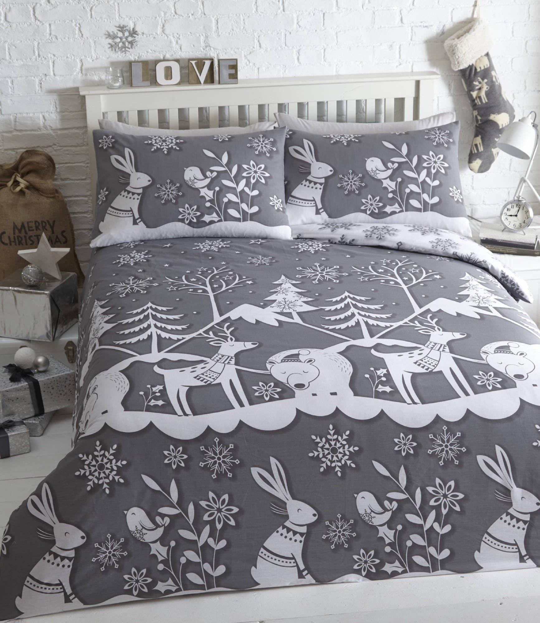 Mountain Snow Christmas Duvet Cover and Pillowcase Set, Grey, Single