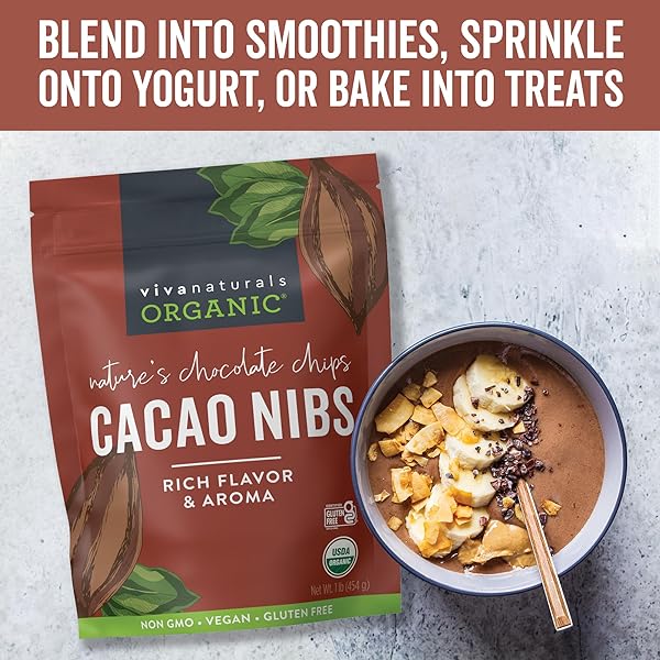 VIVA NATURALS ORGANIC CACAO NIBS, UNSWEETENED, 1 LB (454 G), KETO FRIENDLY, VEGAN, NON-GMO, GLUTEN-FREE CHOCOLATE CHIP SUBSTITUTE