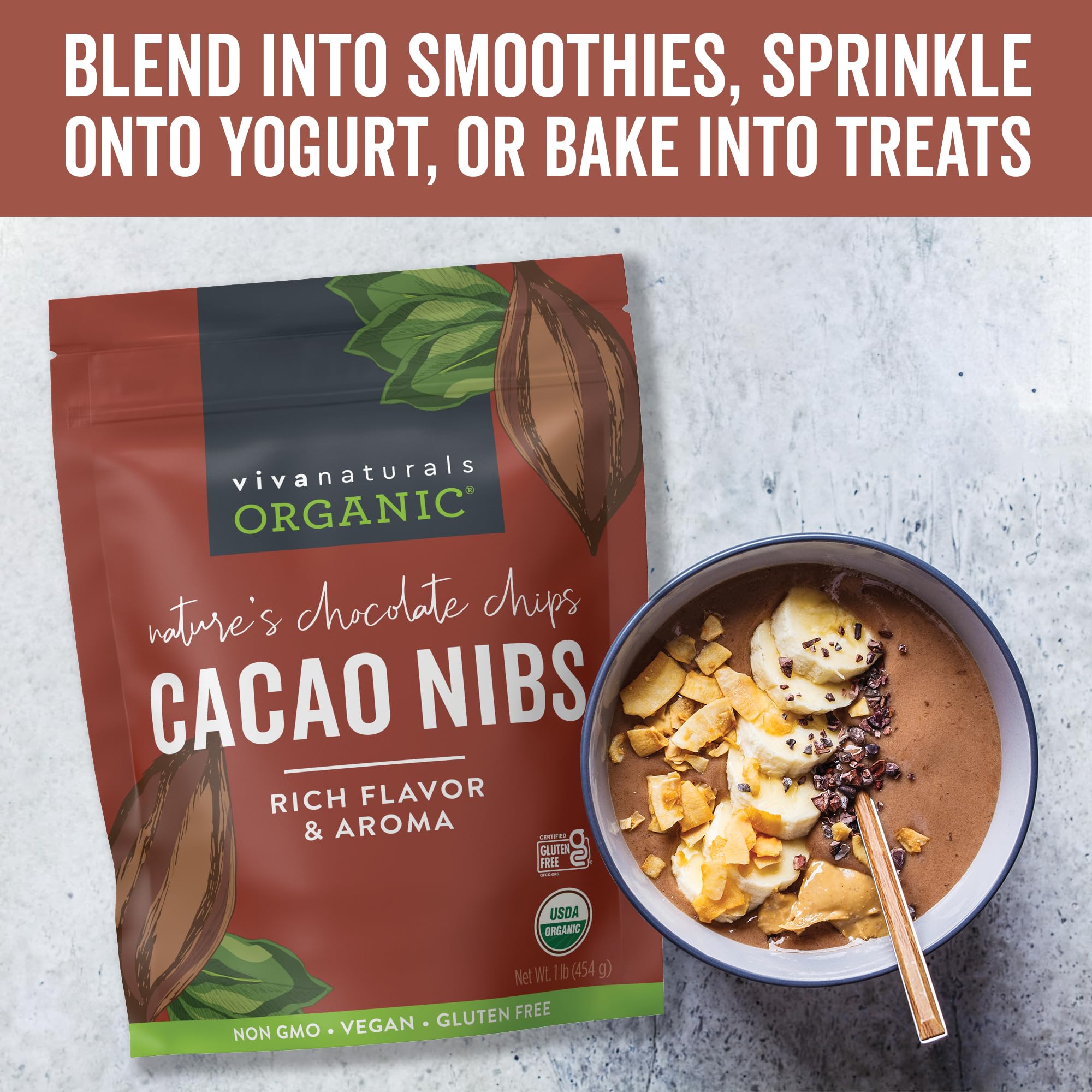 Viva Naturals Organic Cacao Nibs, 1 Lb - Certified Keto and Vegan Superfood, Perfect for Gluten Free Baking, Cacao Nib Smoothies and Healthy Snacks, Premium Criollo Beans, Non-GMO