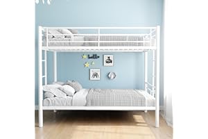Miscoos Twin Over Twin Size Bunk Bed, Twin Bed Frame with Ladder and High Guardrail, Convertible to Two Beds, Metal Bunk Bed with Storage Space, Noise Free, White