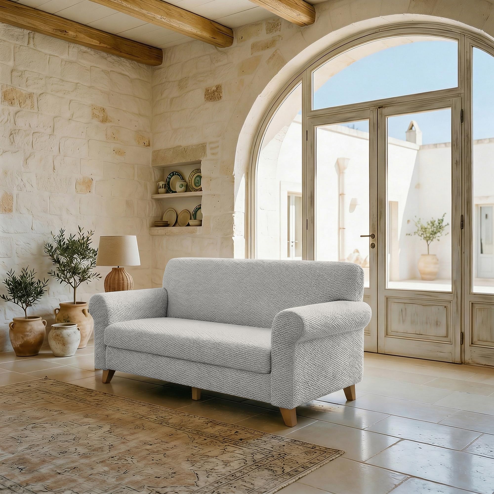 Italian Bed Linen FASHIONABLE Extendable Sofa Cover, Cream 2 Seater