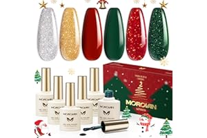 Morovan Gel Nail Polish Set: 6 Christmas Colors Red Sparkle Green Glitter Gold Silver Long-lasting Soak Off Nail Lamp Uv LED Cured Gel Polish Kit for Women Home Salon with Christmas Gift Box