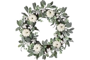 WANNA-CUL 24 inch Large Farmhouse Fall Wreath Decor for Front Door with White Pumpkin, Green Lamb's Ear and Eucalyptus Leaves, Harvest Door Wreath for Autumn or Thanksgiving Decorations