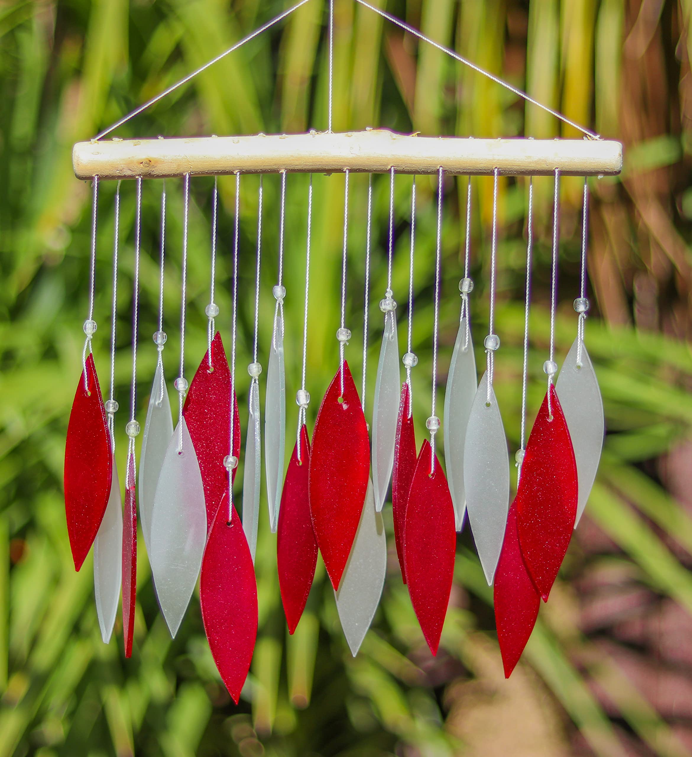 Red & White Glass Wind Chime Recycled Glass and Bamboo Driftwood Garden Chime Hanging Outdoors Indoors Multicoloured Fairtrade Eco Friendly Handmade Fairtrade