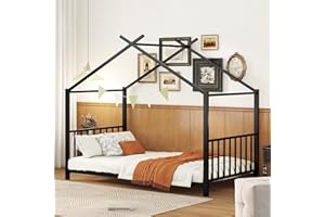 BELLEMAVE Twin Size Kids Montessori Floor Bed,House Bed Frame with High Headboard,Twin Floor Bed Frame with Roof for Boys Girls (Black)