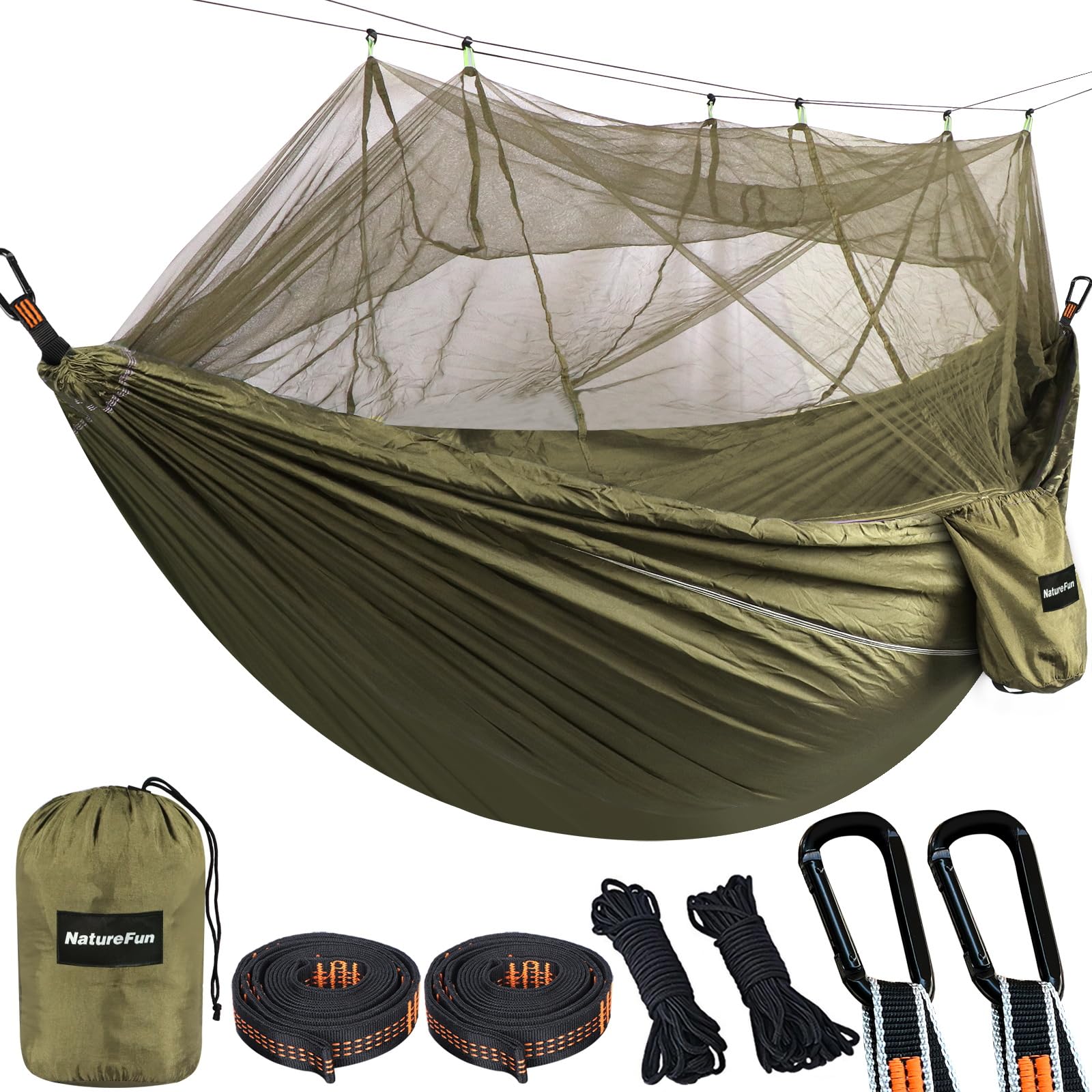 NATUREFUN Camping Hammock with Bug Net | 300kg Load Capacity,(300 x 200 cm) Breathable,Quick-drying Parachute Nylon Travel Hammock | 2 x Premium Carabiners,4 x Slings Included | Outdoor Indoor Garden
