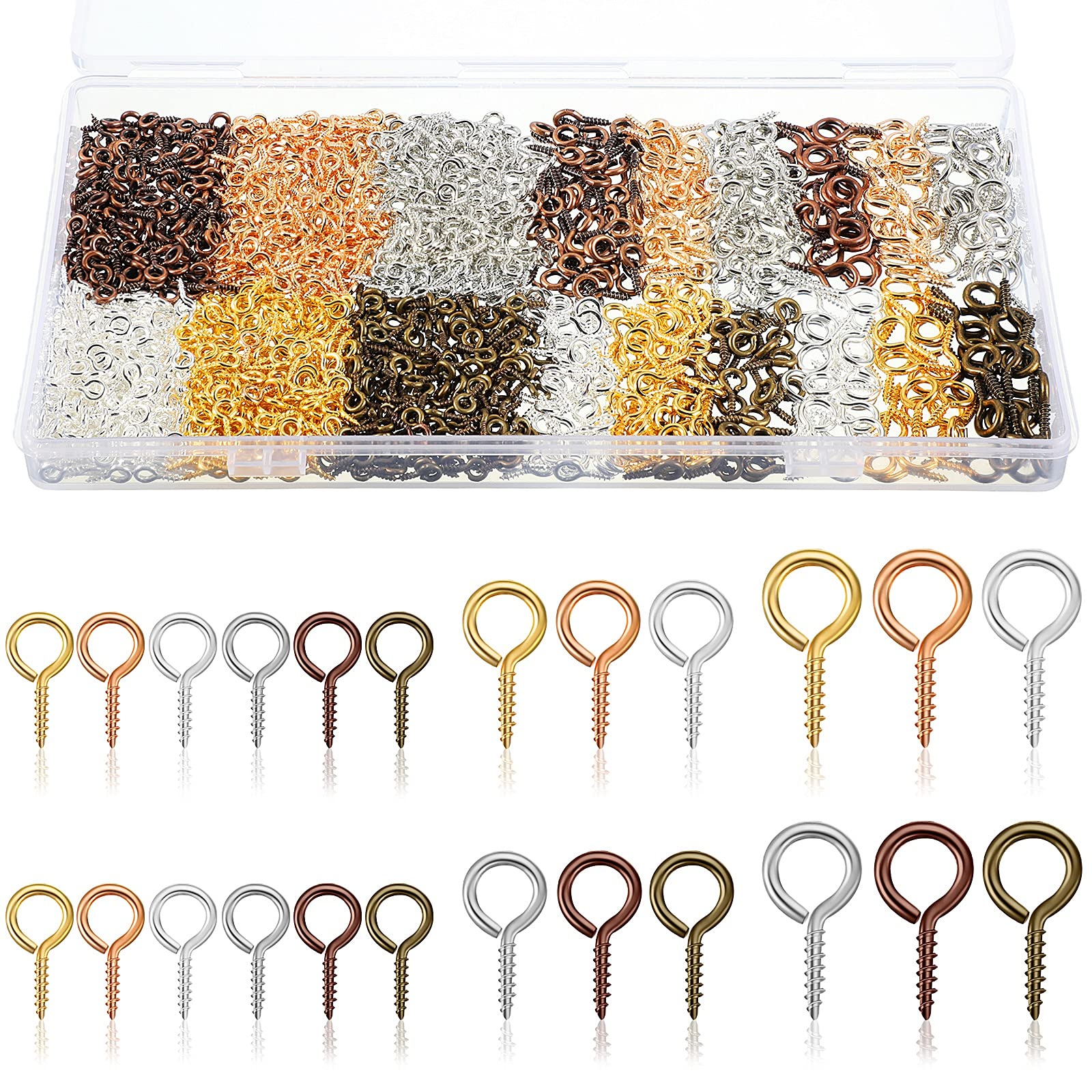 Photo 1 of *INCOMPLETE* Ferraycle 1200 Pcs Small Screw Eye Pins for Jewelry Making Mini Eye Screws Eyelet Pins Hooks for DIY Art Craft Projects, 3 Sizes(0.16 x 0.32 Inch, 0.2 x 0.39 Inch, 0.24 x 0.5 Inch,Multicolor)