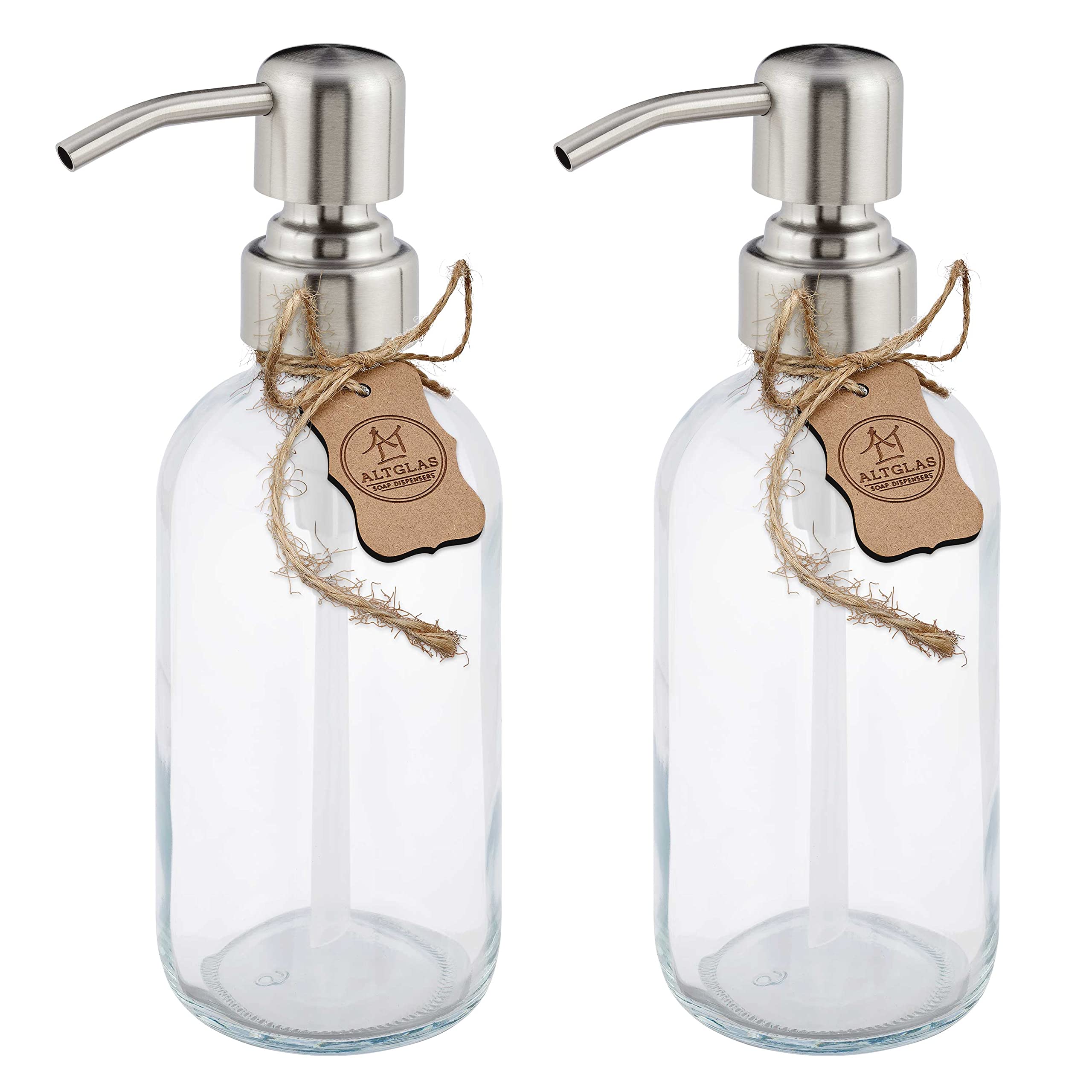 ALTGLAS Refillable Glass Soap Dispenser 'Sarajevo' from Clear Bottle with 304 Stainless Steel Pump in Brushed Silver (250ml, Set of 2) — image 1