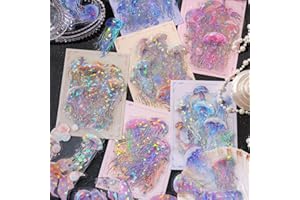YOKSAS 120 Pcs Holographic Glitter Jellyfish Ocean Life Stickers - Transparent Sea Marine Animal Stickers for Junk Journal,Scrapbooking Supplies