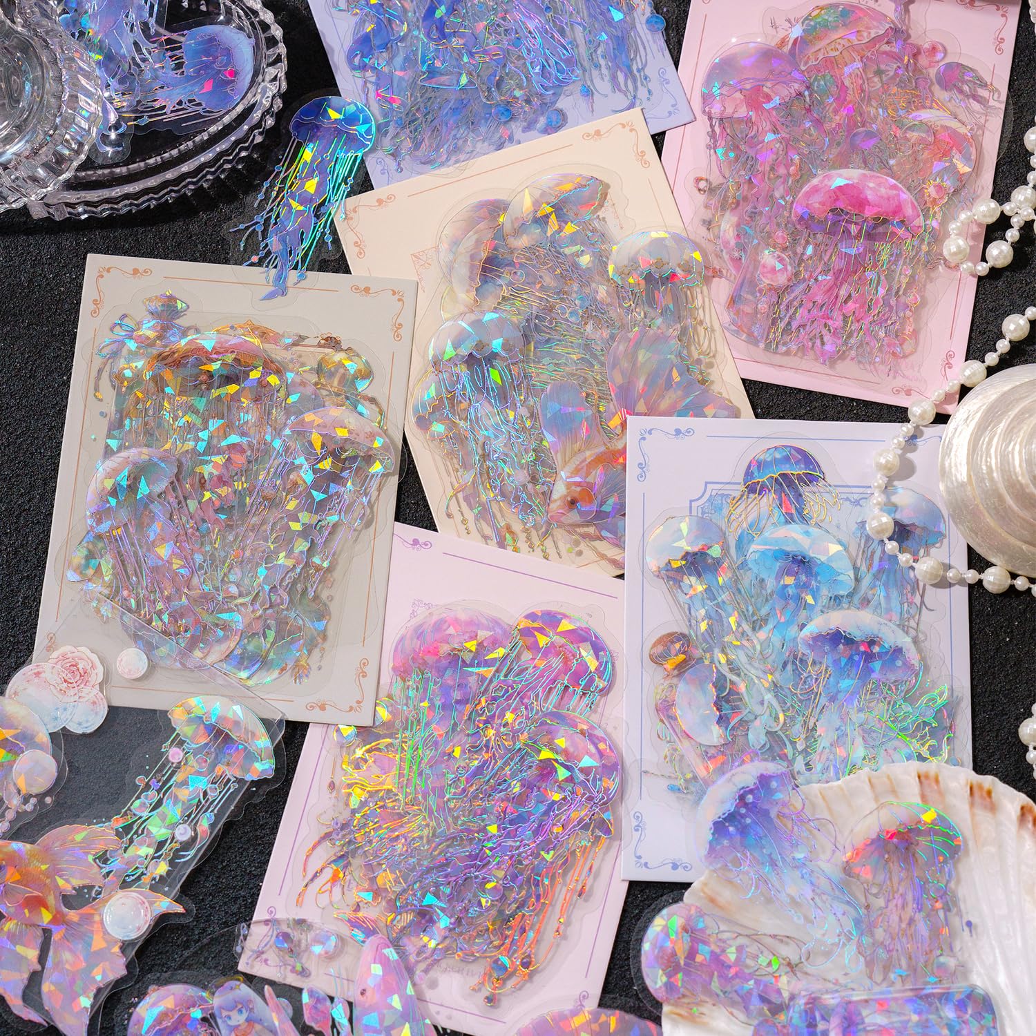 Photo 1 of 120 Pcs Holographic Glitter Jellyfish Ocean Life Stickers - Transparent Sea Marine Animal Stickers for Junk Journal,Scrapbooking Supplies