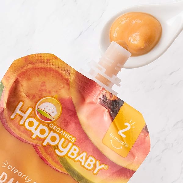 HAPPY BABY ORGANICS STAGE 2 BABY FOOD POUCHES, GLUTEN FREE, VEGAN & HEALTHY SNACK, CLEARLY CRAFTED FRUIT & VEGGIE PUREE, BANANAS, SWEET POTATOES & PAPAYAS, 4 OUNCES (PACK OF 16)