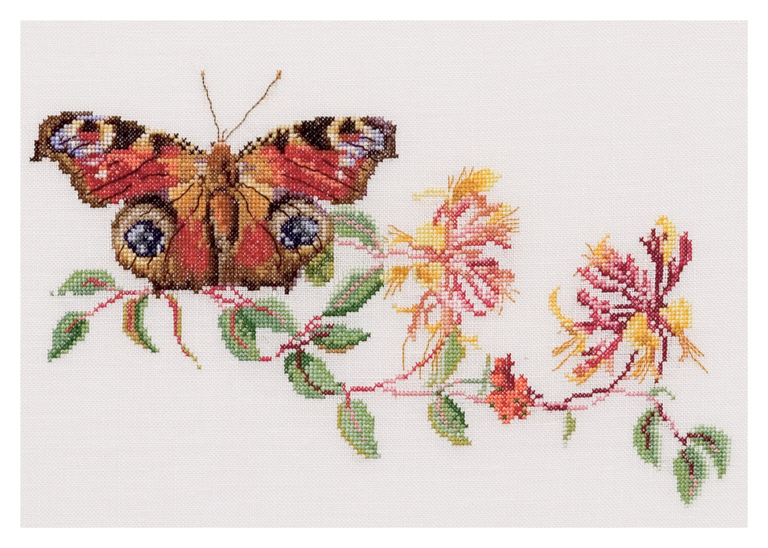 Thea Gouverneur - Counted Cross Stitch Kit - Butterfly-Honeysuckle - Aida - 18 Count - Embroidery Kit for Adults - DMC Embroidery Threads and Other Cross Stitch Supplies Included - 439A