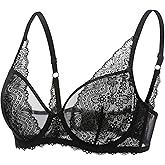 DOBREVA Women's Lace Bralette See Through Sexy Minimizer Bra Plus Size Sheer Underwire