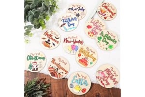 FYSUIMU 12Pcs My First Holiday Baby Milestone Cards Double-deck Wooden Discs Announcement Sign Newborn Photography Prop for Pregnancy Baby Shower Party Favors
