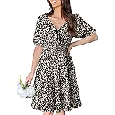 Dokotoo Womens Dresses 2025 Deep V Neck Lantern Sleeve Summer Dresses Shirred Elastic Waist A-Line Mini Dress