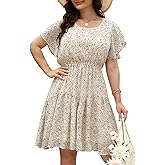 Nemidor Plus Size Summer Dresses for Curvy Women Casual Boho Midi Chiffon Print Floral Dress with Ruffle Sleeve 14-26