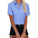 Aoudery Womens Button Down Shirts Short Sleeve Summer Oxford V Neck Collared Button Up Casual Blouses Tops with Pocket