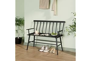 APRTAT Bamboo Entryway Bench, Farmhouse Dining Bench with Spindle Back & Armrest 3 Person Indoor Bench Chair Wood Windsor Bench Durable Easy Assembly for Foyer Balcony Hallway Living Room (Black)