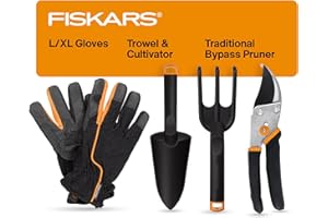 Fiskars House Plant Starter Tool Set with Set with Bypass Pruner, Trowel, Cultivator, and L/XL Garden Gloves for Indoor Gardening (4 Piece Kit)
