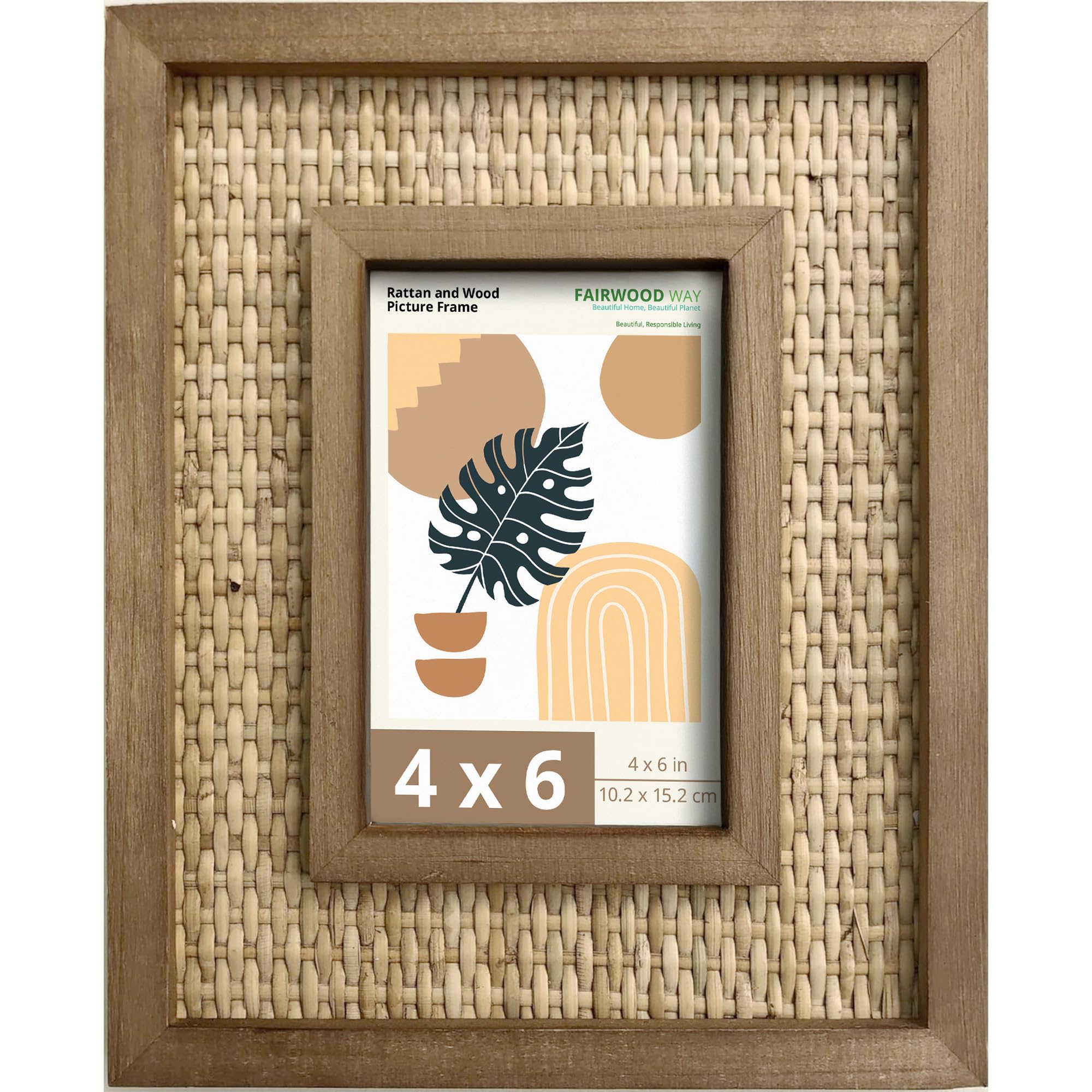 Fairwood Way 4x6 Picture Frame Handwoven Rattan (8.5"x10.5" Outer) - Fits 4"x6" Photos - Sawtooth Wall Hanger & Tabletop Stand - Natural Coastal Display