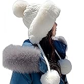 Dtymm Women's Fluffy Fleece Lined Knit Beanies Hats Winter Peruvian Cover Ears Faux Fur Crochet Cap with Pom Pom, White