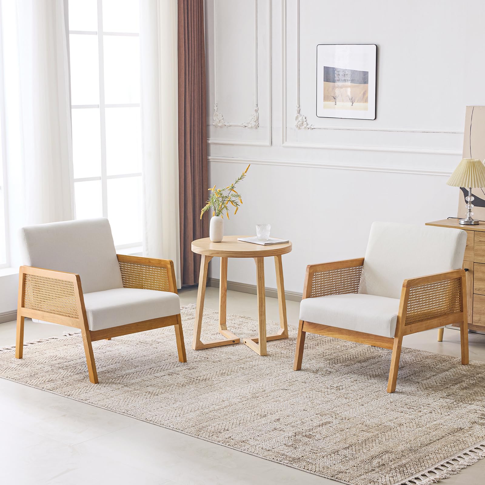 Photo 1 of Linen Fabric Accent Chair for Living Room Set of 2, Rattan Webbing Reading Chair with Sturdy Wood Frame, Upholstered Lounge Armchairs for Bedroom, Indoor & Outdoor, Patio Furniture, Beige