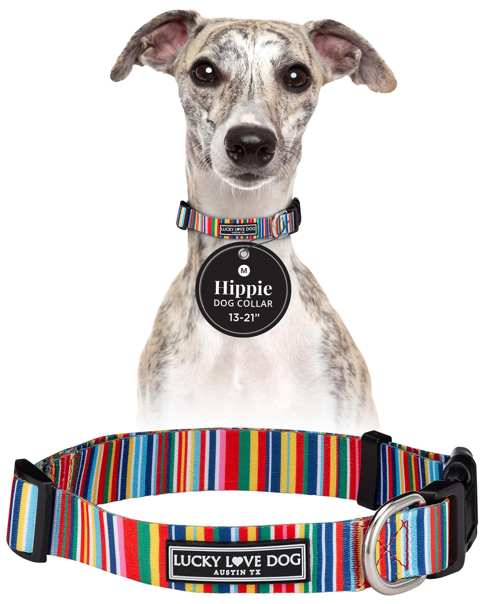 Lucky Love Dog Collars, Rainbow Stripes Pattern Dog Collar for Medium Dogs, Comfortable & Soft Cute Girl or Boy Dog Collar, Hippie, Medium — image 1