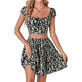Vrtige Women's 2 Piece Outfits Floral Cap Sleeve Square Neck Shirred Crop Top and Mini Skirt Set