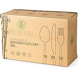 GREENPRINT Disposable Wooden Cutlery Sets - 150 Piece Total: 50 Forks, 50 Spoons, 50 Knives, 6 Inch Length Ecological Biodegr