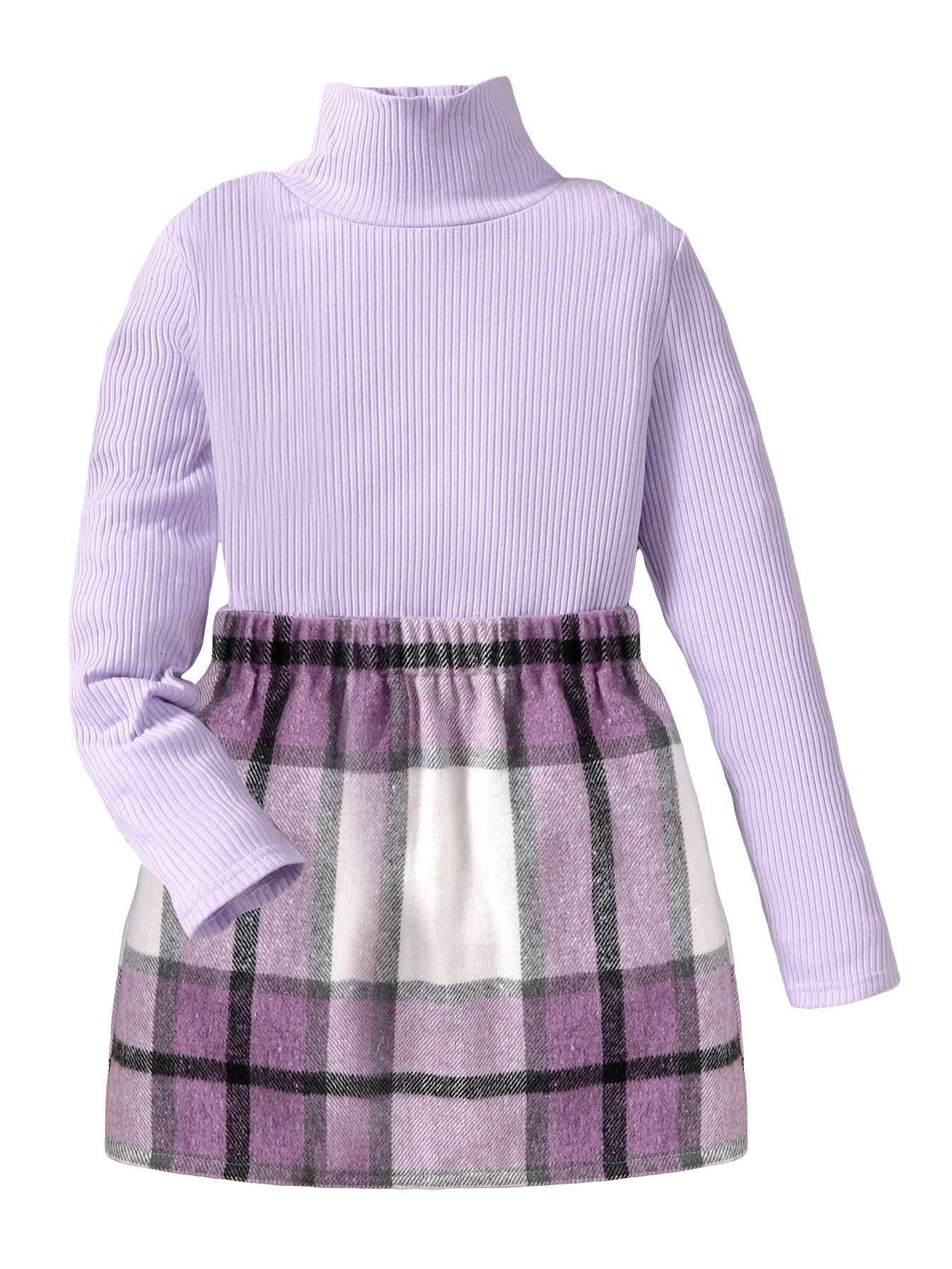 Photo 1 of Floerns Girls 2 Piece Outfit High Neck Tee Shirt with Plaid Mini Skirt Set Purple Plaid 160