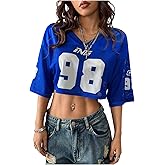 SOLY HUX Women's Y2k Jersey Shirt Crop Tops Number Graphic Tees V Neck Half Sleeve Summer T Shirt