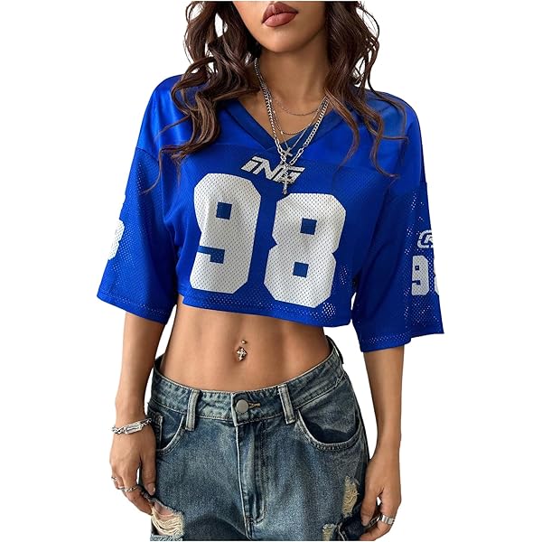 SweatyRocks Women's Number Jersey Y2k Shirts Baggy V Neck Crop T