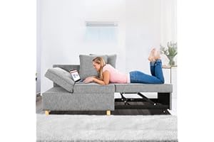 SEJOV Sofa Bed 4-in-1 Convertible Sofas & Couches, 3-Seat Linen Fabric loveseat Sofa with 2 Throw Pillow, Single Recliner for Small Space with 5 Adjustable Backrest, Grey