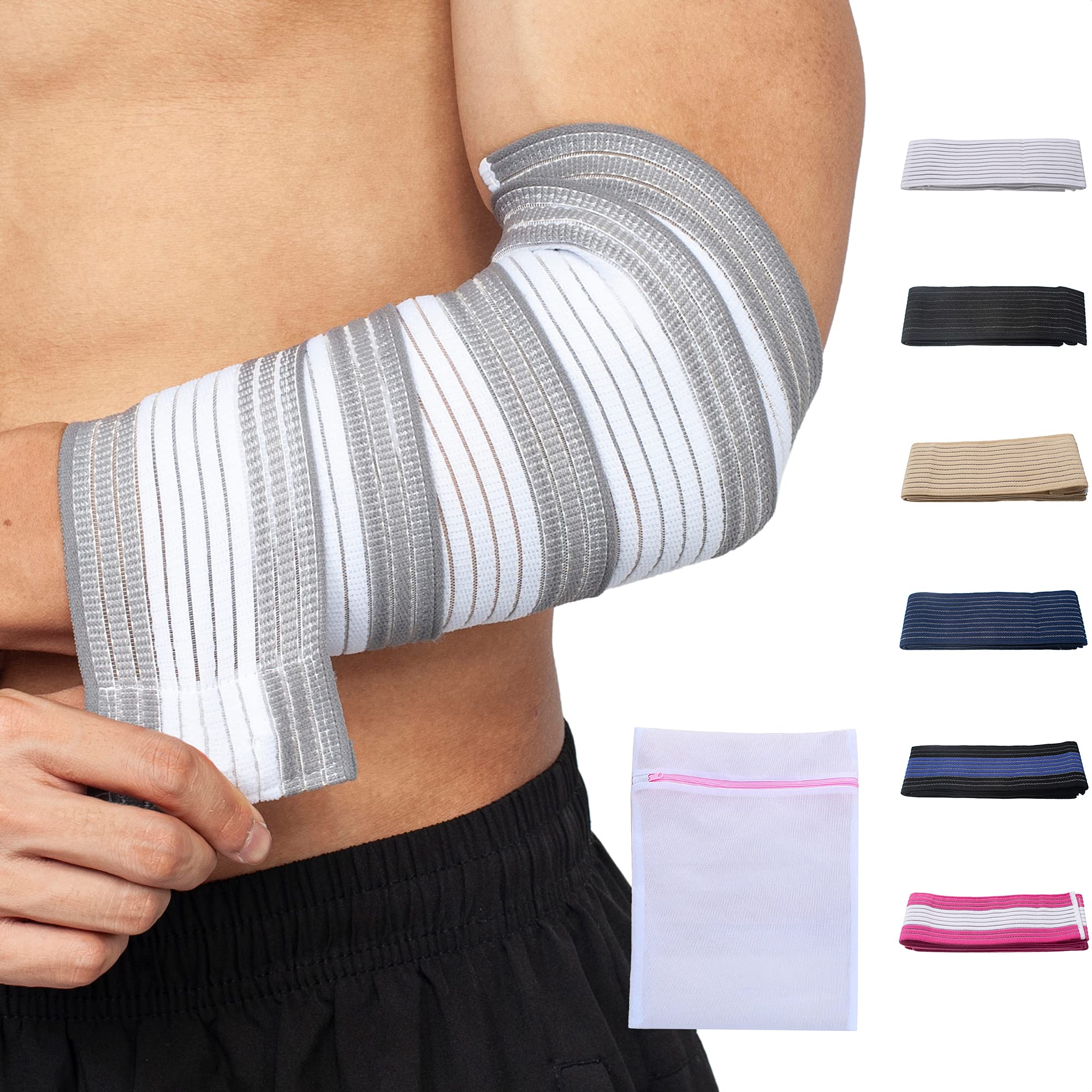 360 RELIEF - Elbow Support Brace Compression Bandage | Fitness, Gym, Workout, Squats, Powerlifting, Weightlifting, Relieve, Sports | White/Grey Mesh Laundry Bag |