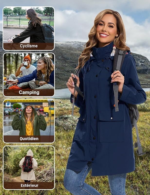 Veste Femme Imperméable à Capuche Longue Manteau de Pluie Femme Legere Trench Capuche Femme Poncho Pluie Impermeable Coupe Vent Printemps Été Automne, Bleu marine, M — photo 7 sur 7