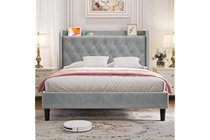 koorlian Queen Bed Frame, Velvet Adjustable Upholstered Platform Bed Frame with Type-C&USB Ports, Wingback Storage Headboard, Solid Wood Slats Support, No Box Spring Needed, Noise-Free, Gary