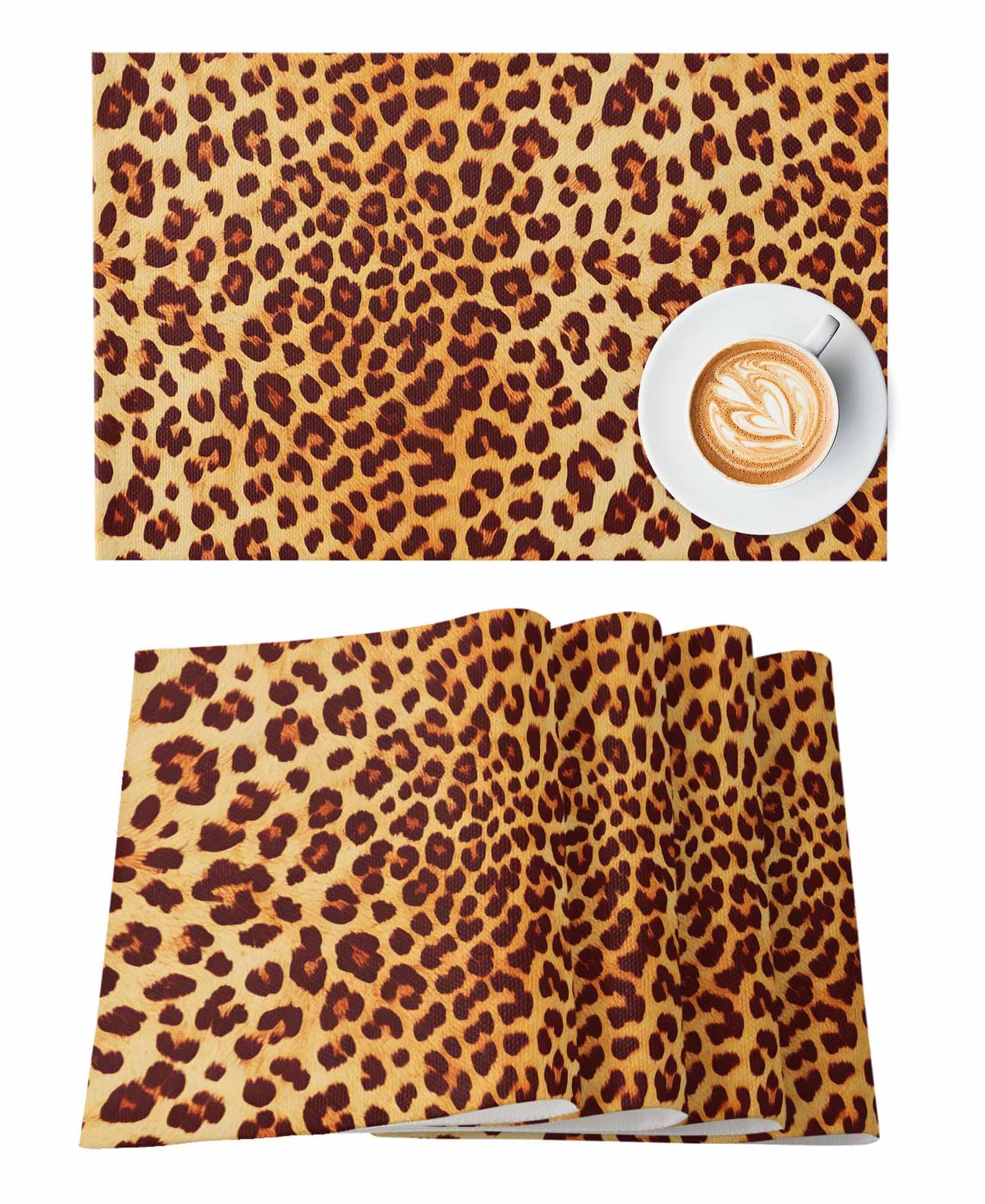 Leopard Print Placemats Set of 6, Cotton Linen Heat Resistant Table Mats Non-Slip Washable Leopard Print Natural Wildlife Big Cat Theme Placemat for Holiday Banquet Dining Table Kitchen Decor