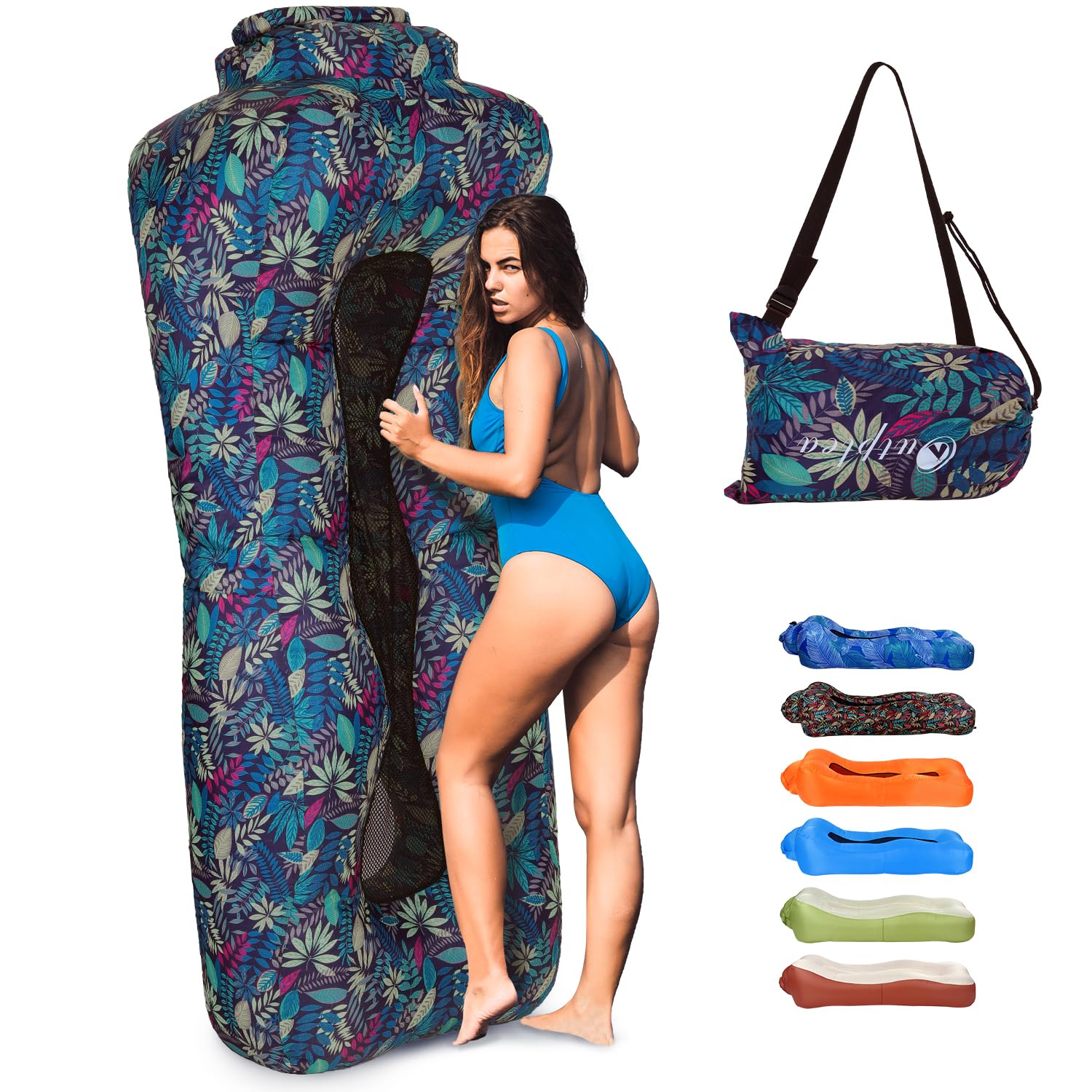 Outplea Inflatable Lounger Air Sofa Waterproof, Portable Blow Up Lounger with Mesh Back, Inflatable Beach Lounger for Pool Camping Travel, Tropical Blue