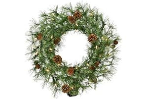 Fraser Hill Farm Pine Wreath with Pinecones, 24 Inch Diameter | Perfect Christmas Decoration for Door, Wall, or Above Fireplace | Battery-Operated Warm White LED Lights | FF007CHWR-024-5GR