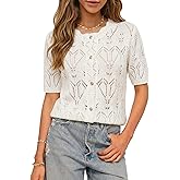 YUNLORIA Womens Crochet Cardigan Tops Short Sleeve Casual Knit Blouses 2026 Hollow Out Crew Neck Button Down Sweater Shirts