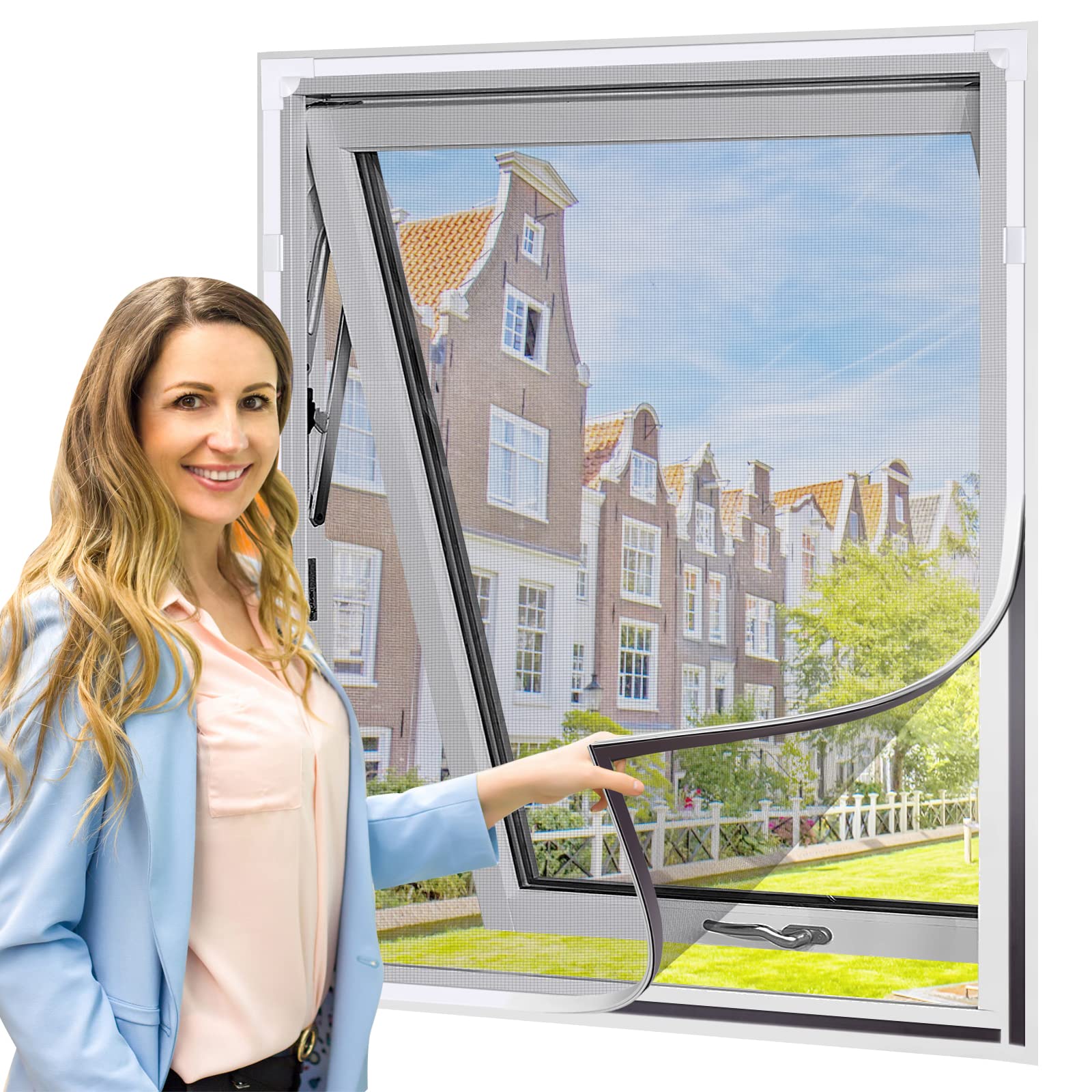 UtauHom Magnetic Fly Screen for Windows,Mosquitoes Net for Windows Max Size 150 x 180cm，Fiberglass Mesh Easy Installation Prevents Insects/Flies from Entering The Room（White Frame Grey Mesh）