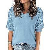 Women Half Sleeve Knitted Sweater, Fall Summer Solid Hollow Crochet Top - V Neck, Elasticity, No Pilling, Lightweight
