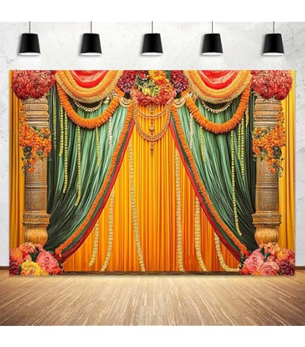 Traditional Indian Pooja Background Diwali Ganpati Ganesh Marigold Photography Background Green Banana Leaves Adult Religious Service Decorations (8 X 6 Ft