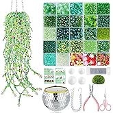 FOGWOWO 5057 Pcs Beaded Plant Kit for Mirror Disco Ball Planter Making,Green Beads for Beaded Plants with Hanging Chain,Crystal Green Glass Beads Leaf Bead for Plant Making DIY Craft